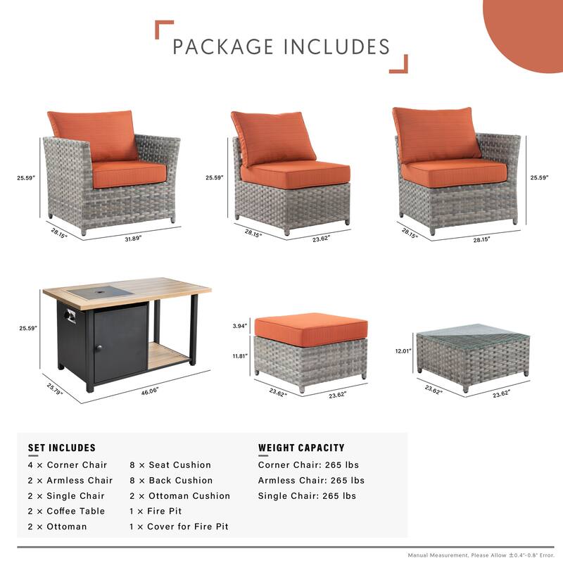 HOOOWOOO 13-piece Grey Wicker Rattan Patio Outdoor Sectional Set with Fire Pit