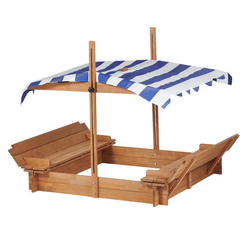 Kids Sandbox with Adjustable Cover, 46" Wooden Sand Box with 2 Foldable Bench Seats, Outdoor Sandpit for Backyard Play