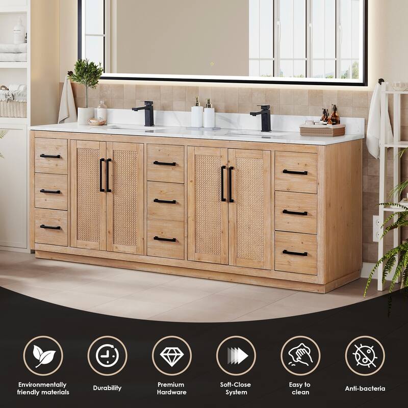 Floral Single Bathroom Vanity in Light Brown with Calacatta White Quartz Countertop with Mirror