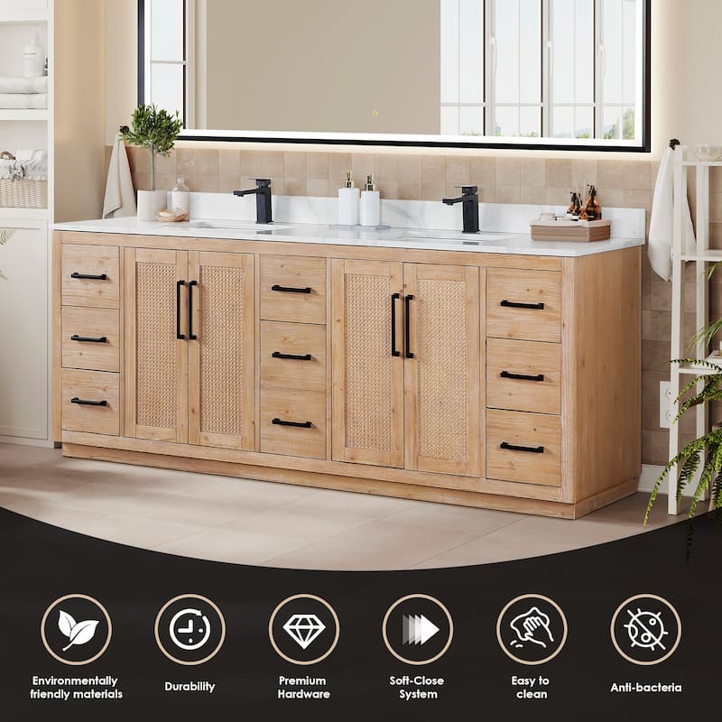 Floral Single Bathroom Vanity in Light Brown with Calacatta White Quartz Countertop without Mirror
