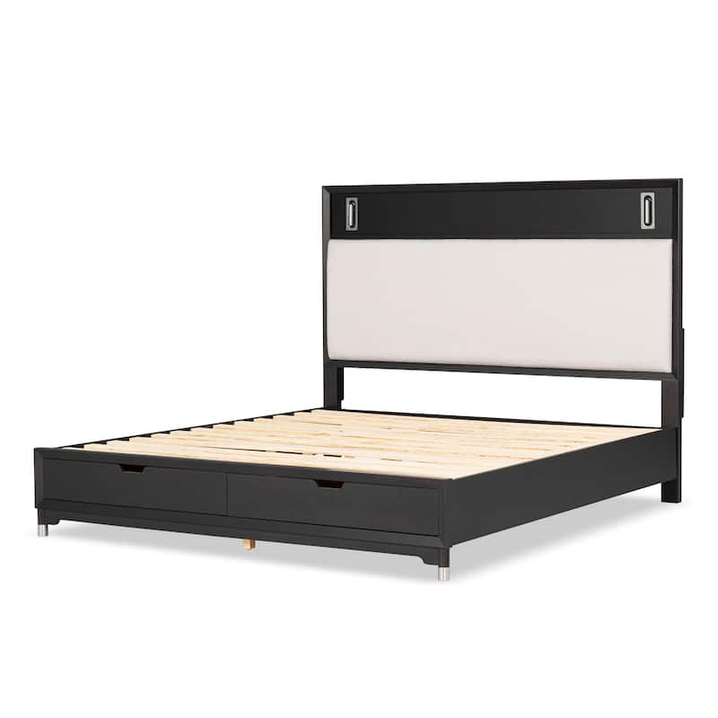 Furniture of America Forma Mid-Century Modern Black Boucle Storage Platform Bed with LED Reading Light