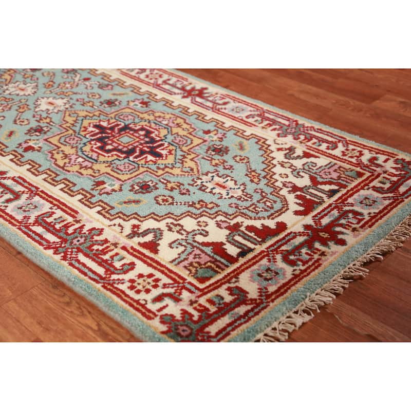 Hand Knotted Oriental 100% Wool Carpet Traditional Geometric Navy Blue & Blues Heriz (serapi) Runner Rug - 8' 2'' X 2' 6''