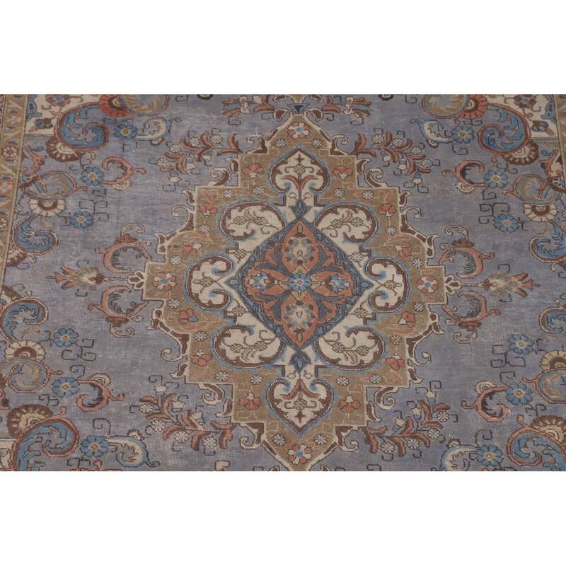 Blue Distressed Tabriz Persian Vintage Rug Hand-Knotted Wool Carpet - 7'4" x 10'3"