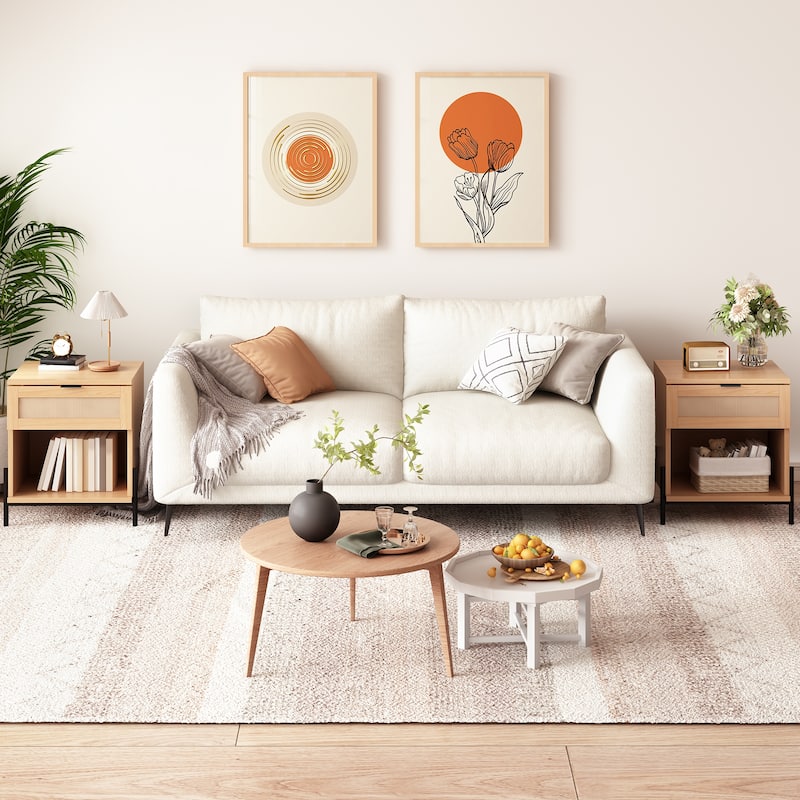 EROMMY Rattan Nightstand Set of 2, Boho Bedside Tables with Drawer and Open Shelf, 19.7" Wide End Tables for Bedroom