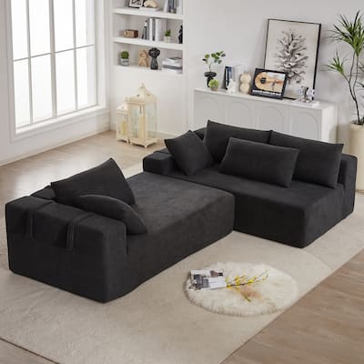 Chenille Upholstered Sectional Daybed Modular Sleeper Couch L Shape Sofa with Chaise Lounge & 6 Pillows for Living Room Loveseat
