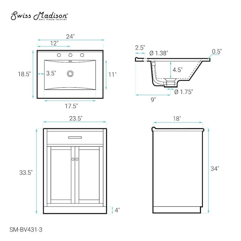 Swiss Madison SM-BV431-3 Burdon 24" Free Standing Single Basin Vanity