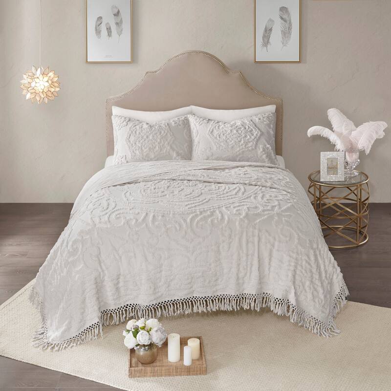 Madison Park Virginia Cotton Chenille Medallion Fringe Coverlet Set - Grey - Full - Queen