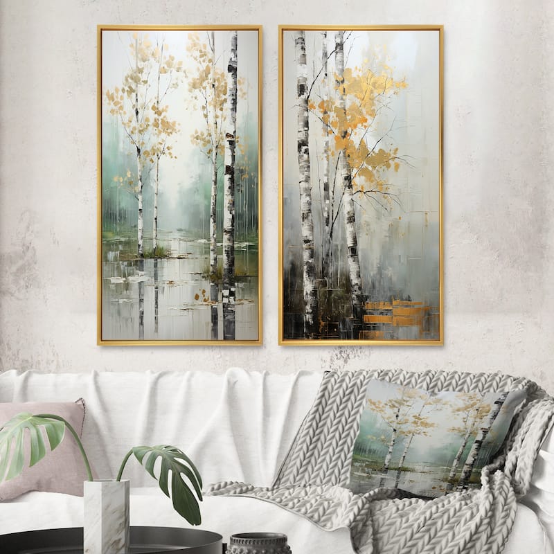 Designart "Birch Woods Ethereal Elegance" Tree Birch Framed Wall Art Set Of 2 - Blue Wall Art Set Of 2 - 40 in. wide x 40 in. high - Gold