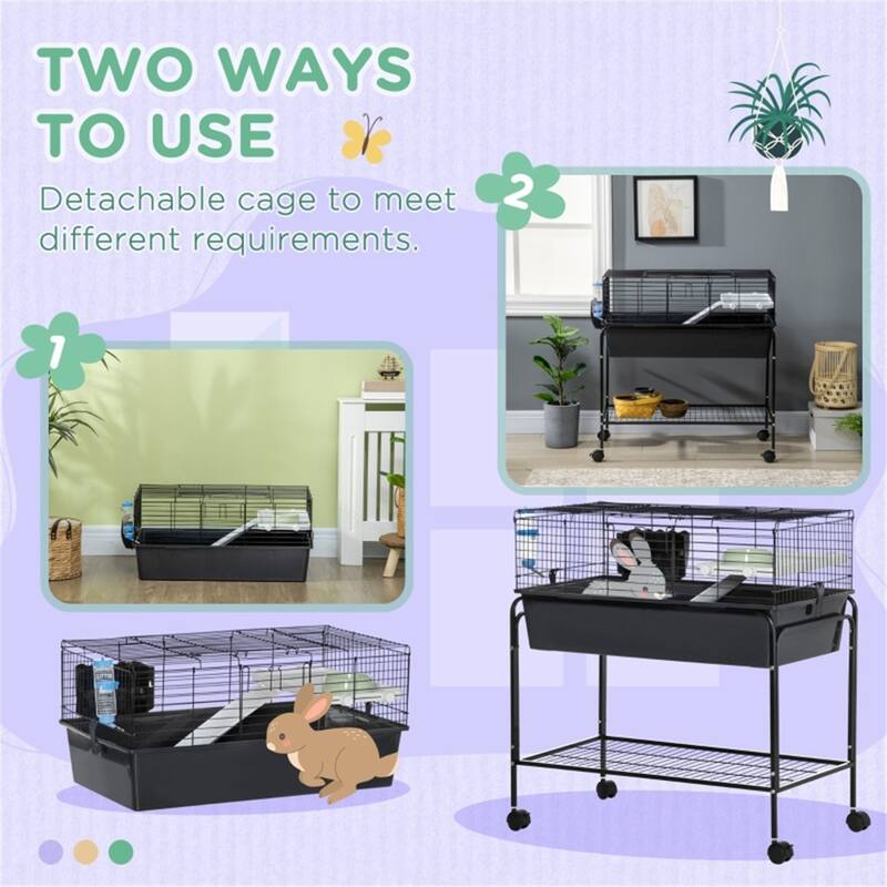 Small Animal Cage with Wheels, Storage Shelf and Removable Stand - 33" L x 18.5" W x 35.25" H