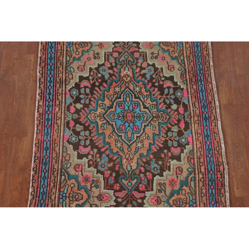 Geometric Hamedan Persian Vintage Runner Rug Handmade Wool Carpet - 3'1"x 10'3"