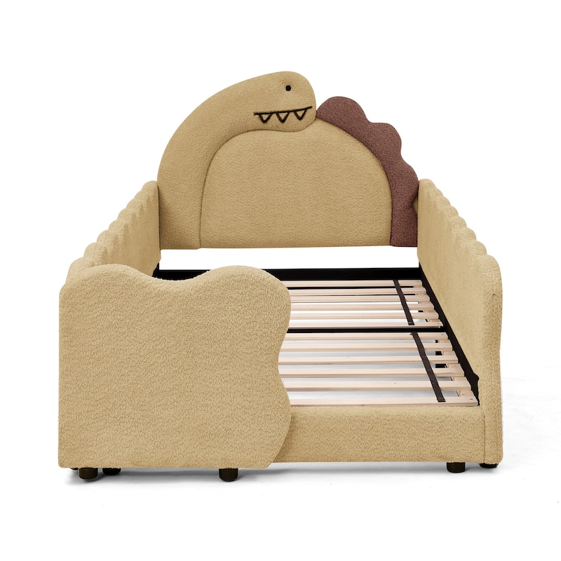 Twin Dinosaur-Shaped Kids Bed with Safety Guardrail - Solid Wood Toddler Bed Frame in Boucle Fabric