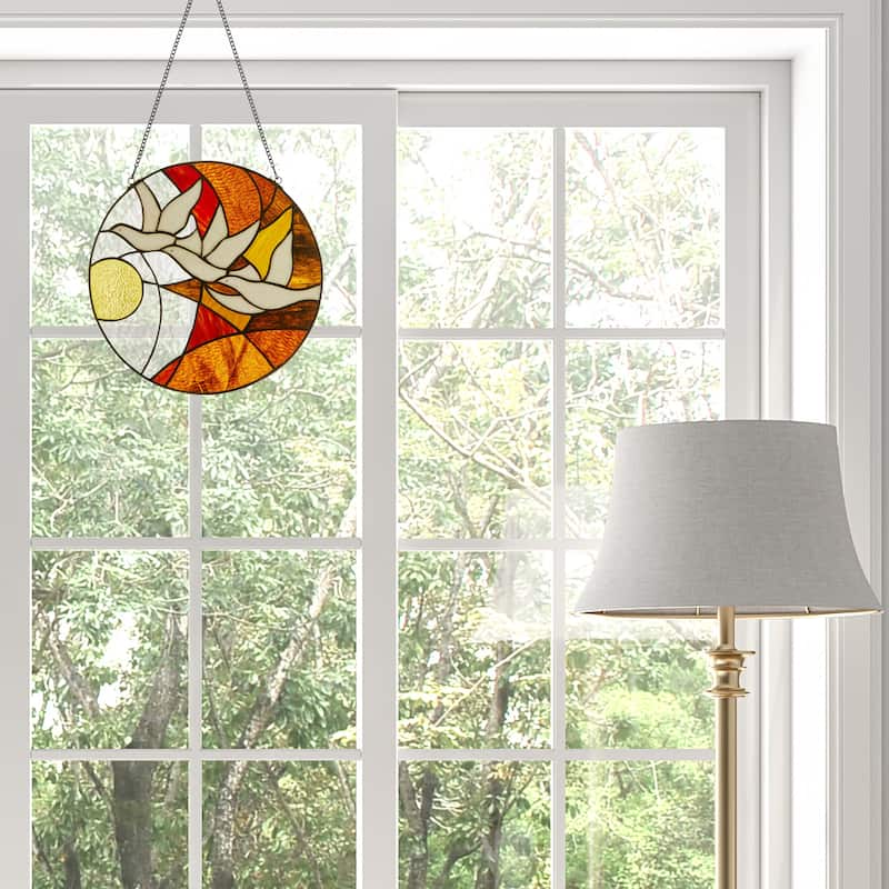 Doves in Flight at Sunset River of Goods Multicolored Stained Glass Suncatcher Window Panel - 14" x 0.25" x 14"