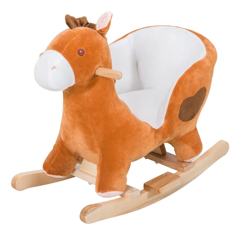 Plush Horse Rocker for Toddlers with Music Soft Seat Wooden Frame Brown and White for Kids 18 Months and Up