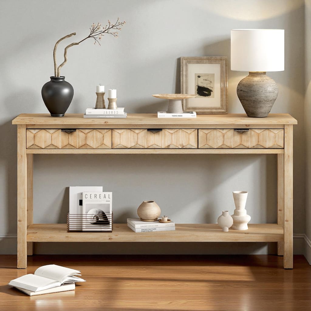 60'' Fir Veneer Console Table with Honeycomb-Patterned Drawers, 3 Storage Drawers and Open Shelf Entryway Table