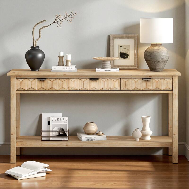 60'' Fir Veneer Console Table with Honeycomb-Patterned Drawers, 3 Storage Drawers and Open Shelf Entryway Table - Natural