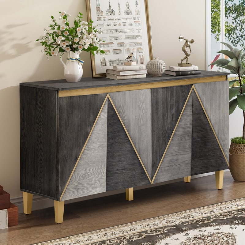 Retro 60" Buffet Cabinet with Storage, Vintage Sideboard with Dimensional Effect 4-Door