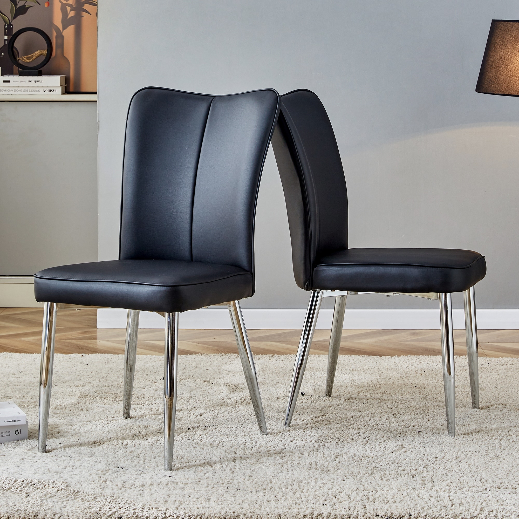 Modern dining chairs black PU leather curved backrest black metal chair legs for restaurants bedrooms A set of 2 On Sale Bed Bath Beyond 39861064