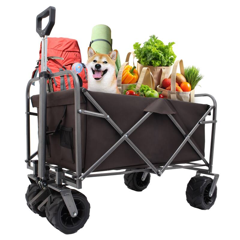 Collapsible Cart with Foot Brake, Large All-Terrain Wheels, Durable Alloy Frame, and Mesh Pocket for Easy Transport of Equipment - Brown