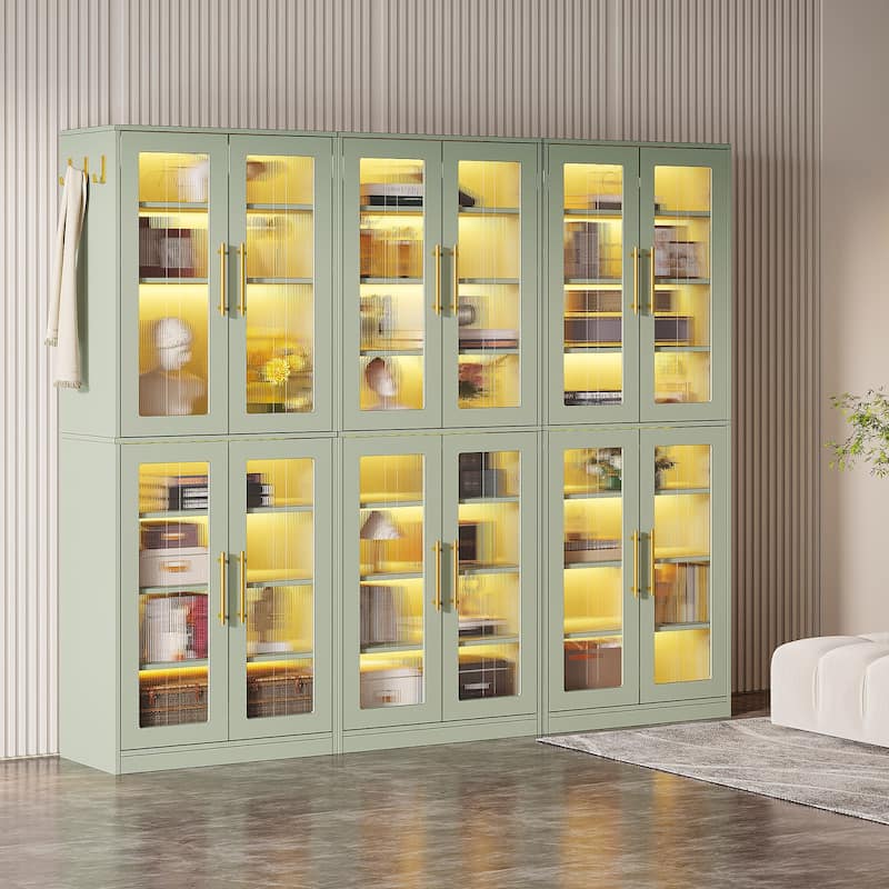 8-tier Modern Tall Bookcase Bookshelf with Doors and LED Light