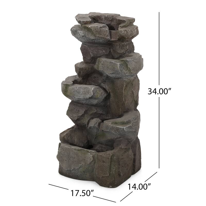 34"H 4 Tier Floor Fountain With LED Light, Stone Gray Outdoor Fountain