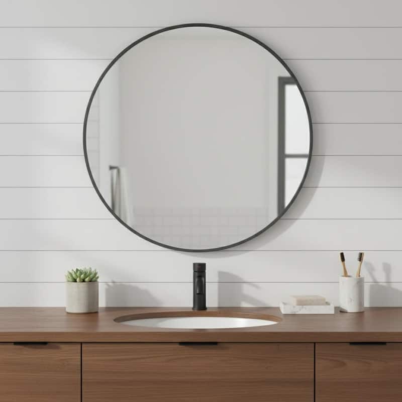 HomeRoots 24" Black Metal Round Framed Bathroom Vanity Mirror - 24.00 in. x 24.00 in. x 1.30 in. - 24.00 in. x 24.00 in.  x 1.30 in.
