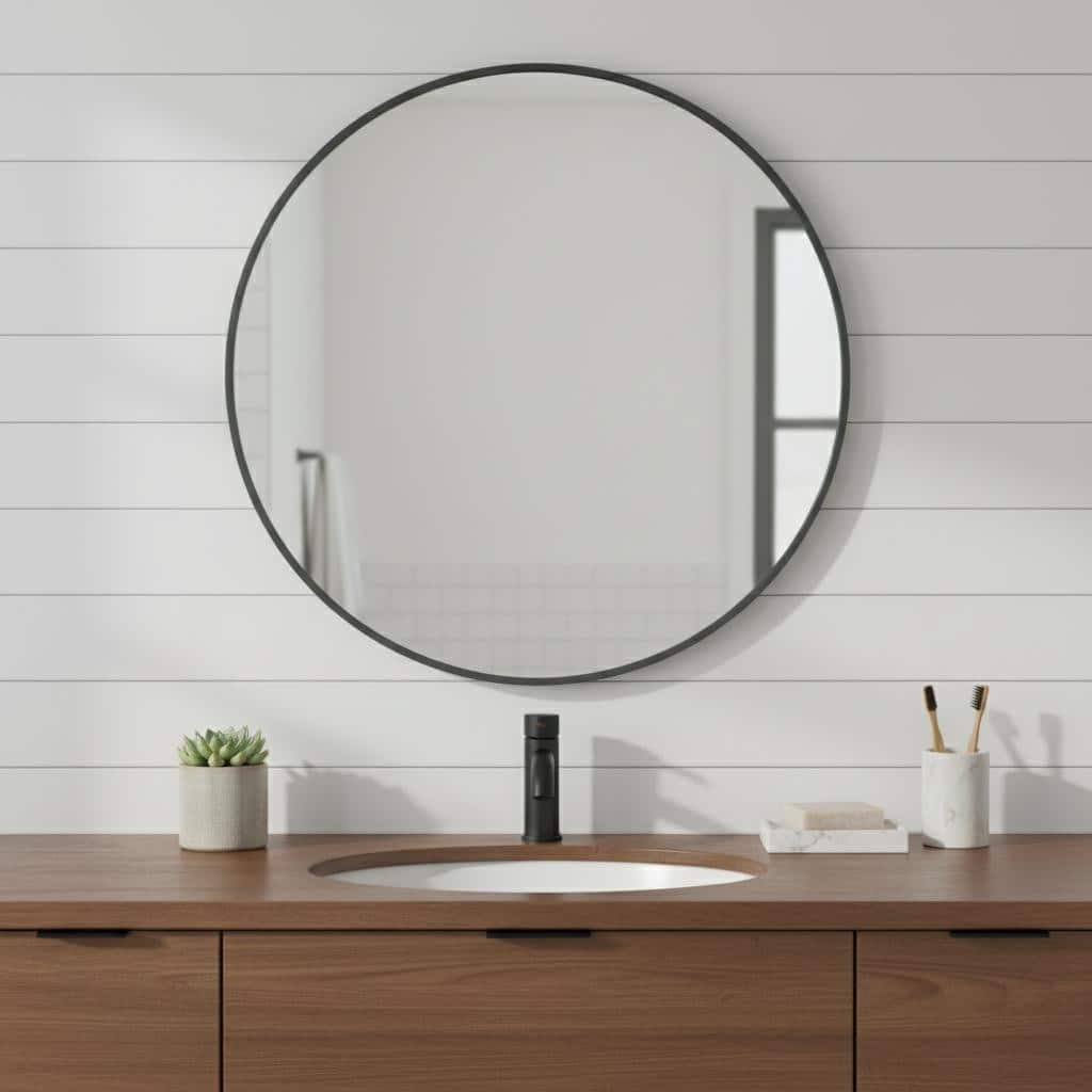 HomeRoots 24" Black Metal Round Framed Bathroom Vanity Mirror - 24.00 in. x 24.00 in. x 1.30 in.