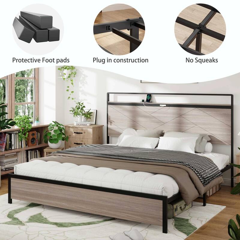 Wooden Platform Bed Frame with Storage, LED Light Headboard and 2 USB Ports, No Noise