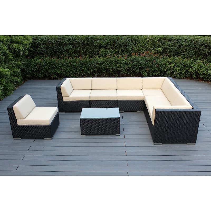 Ohana Outdoor Patio 8 Piece Black Wicker Sectional Set with Cushions - No Assembly - Beige