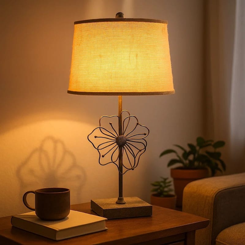 Metal Table Lamp Set of 2 with Flower Accent and Block Base,Beige and Gray