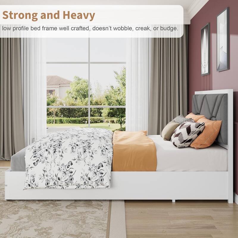 Wooden Bed Frame with Fabric Upholstered Headboard
