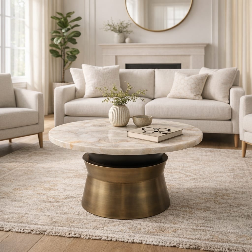 Round Marble Agate Top Table with Metal Base - 30", Gold & White - 30.0"