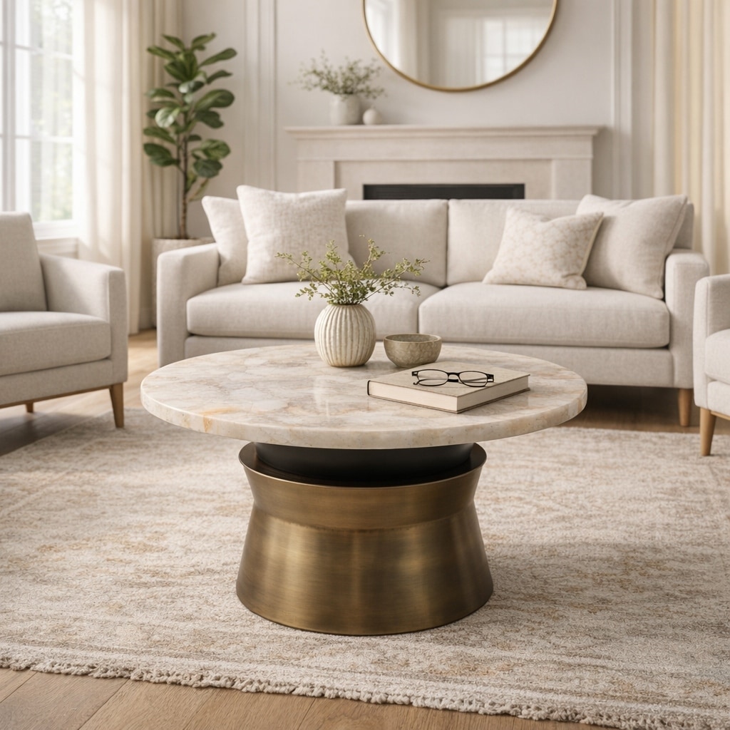 Round Marble Agate Top Table with Metal Base - 30", Gold & White - 30.0"