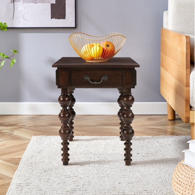 Retro 24" Solid Wood End Table with Drawer Easy Assembly Vintage Narrow Sofa Side Table for Living Room