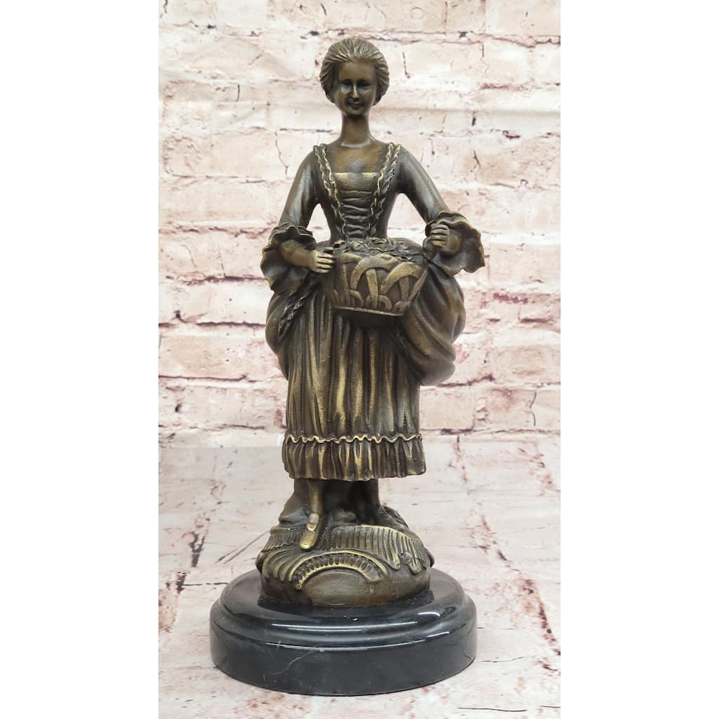 Bronze Country Maiden Statue – Charming Woman With Basket Sculpture For Rustic Decor