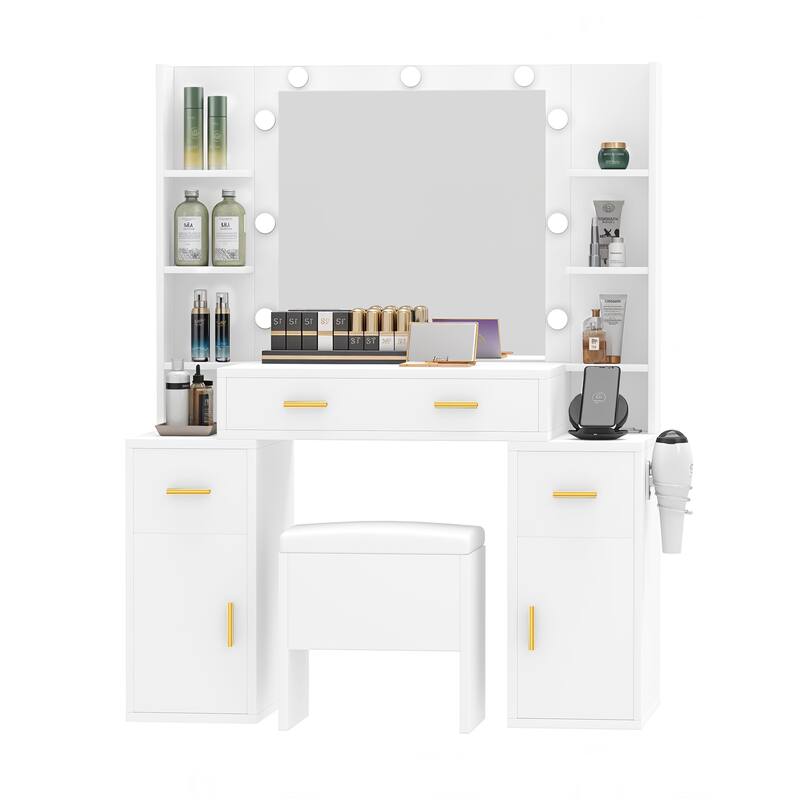 Moasis 43.3" Mirror Makeup Vanity Table with Stool and Mirror Bulbs