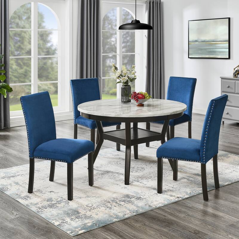 Contemporary 5-Piece Dining Set with Round Faux Marble Table and Velvet Upholstered Parsons Chairs - Stylish and Durable