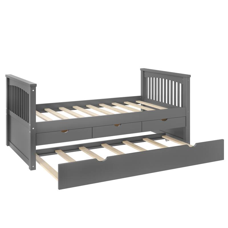 Twin Platform Bed with Drawers and Trundle, Solid Wood Daybed, No Spring Box Needed