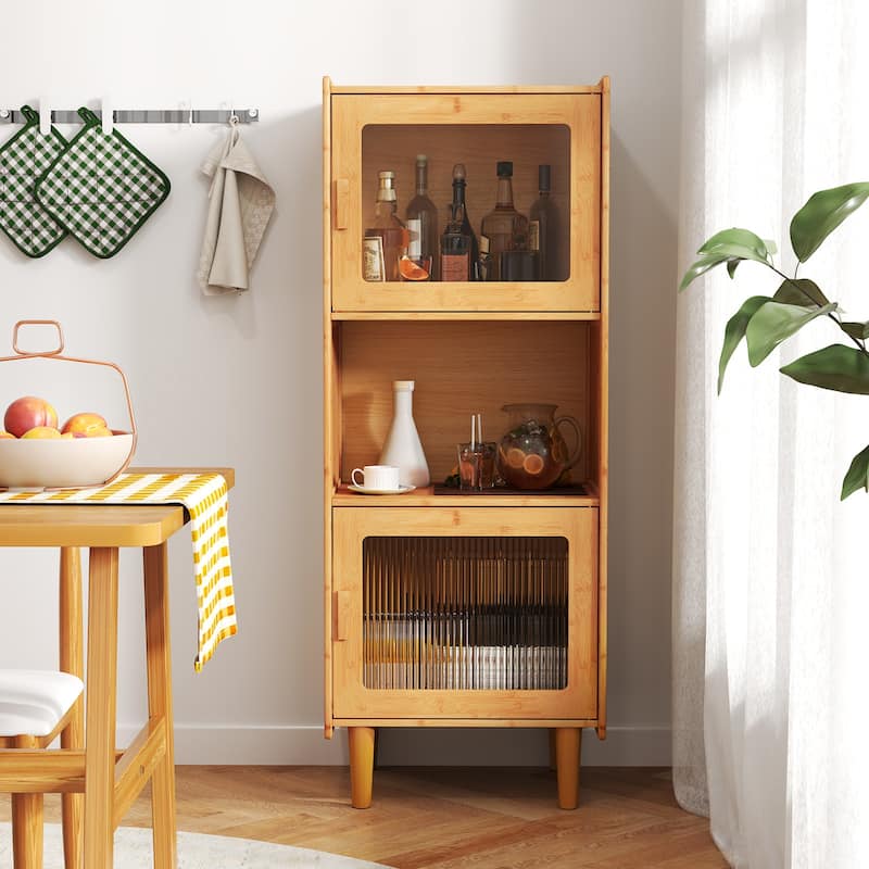 Gymax 2PCS Bamboo Cabinet Narrow Kitchen Storage Cabinet w/ Open
