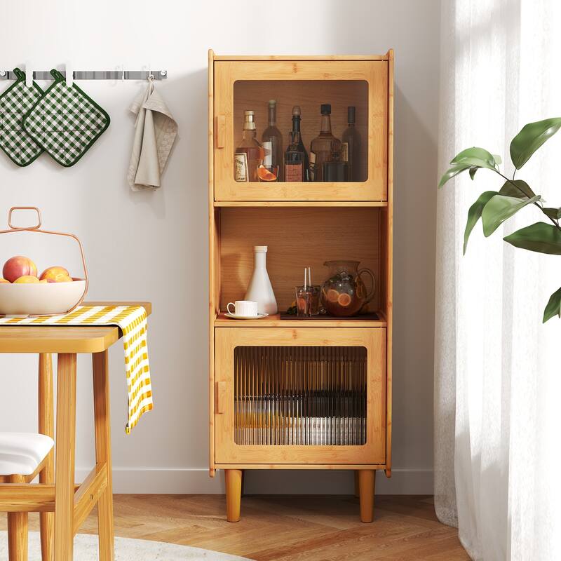 Gymax Bamboo Cabinet Narrow Kitchen Storage Cabinet w/ Open