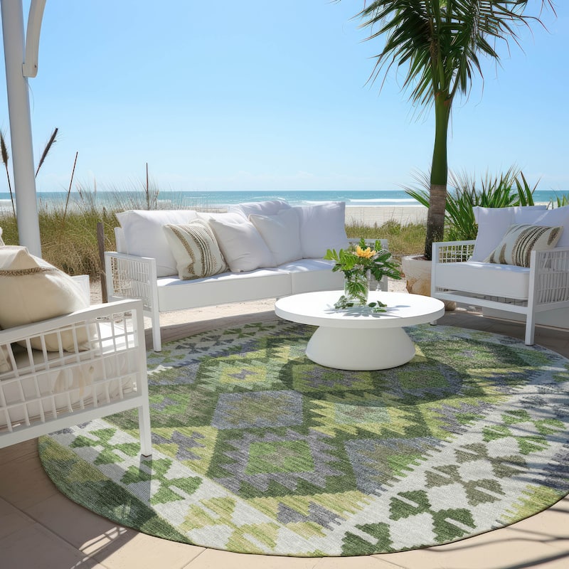 Machine Washable Indoor/ Outdoor Boho Global Chantille Rug - Olive - 8' x 8' - Round