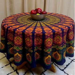 Indian Mandala Print Round Cotton Tablecloth 88" Blue 