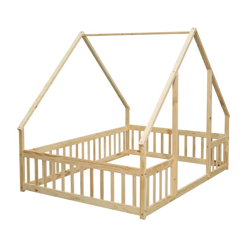 Full Wood House-Shaped Floor Bed with Fence, Guardrails