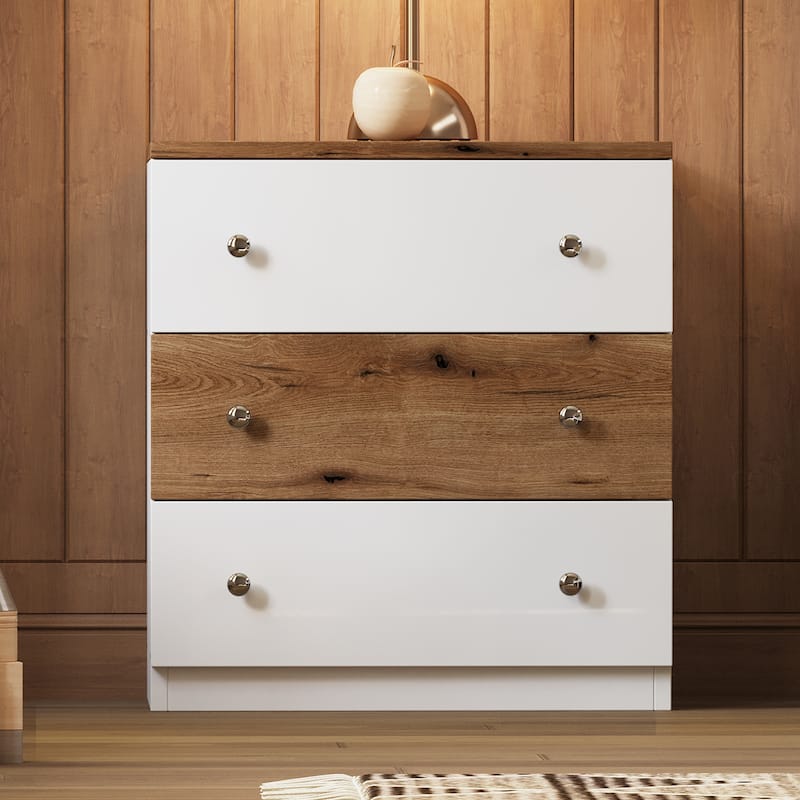 3-Drawer Wooden Nightstand with Colorblock Design, Metal Handles, and Storage Cabinet, White+Brown