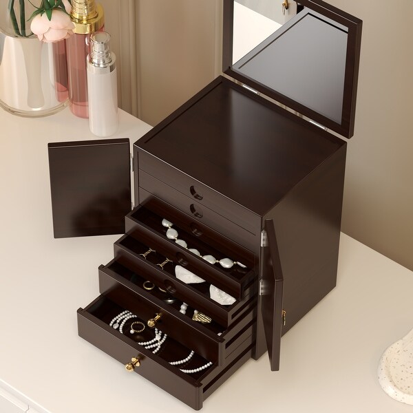 Bamboo Jewelry Box with 7 Drawers, Wood Organizer with Mirror