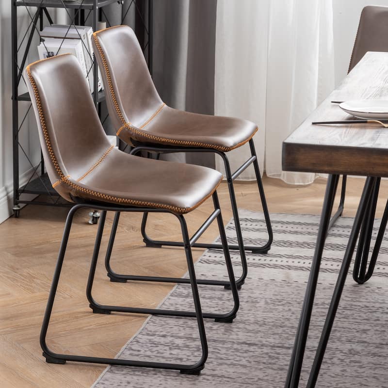 7-Piece Dining Set with Hairpin Table & 6 Sled-Base Leather Chairs