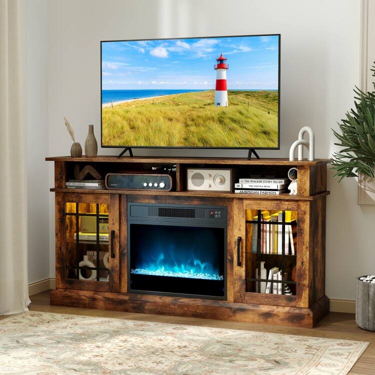 MDF Fireplace TV Stand with RGB LED, Remote and Storage - 48" L x 16" W x 29" H