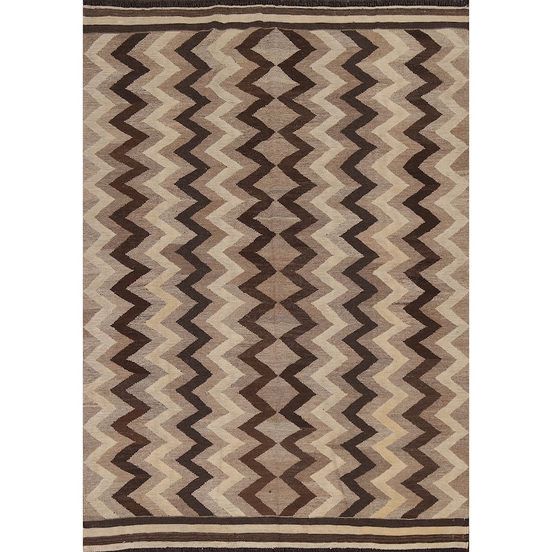 Natural Dye Chevron Kilim Contemporary Area Rug Flat-weave Wool Carpet - 5'1" x 6'8"