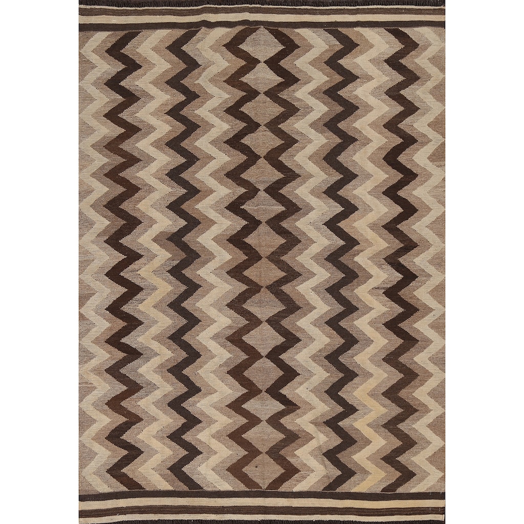 Natural Dye Chevron Kilim Contemporary Area Rug Flat-weave Wool Carpet - 5'1" x 6'8"
