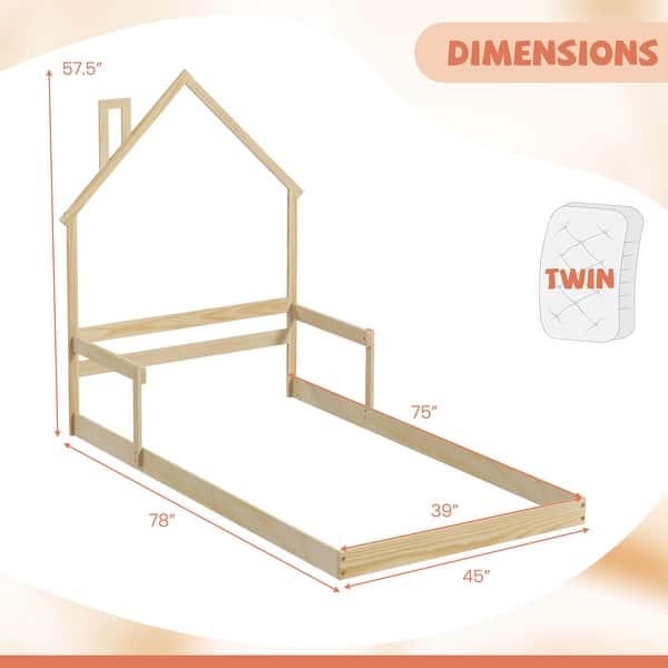 dimension image slide 0 of 3, Costway Twin Size Floor Bed for Kids with Chimney Headboard & Handrail