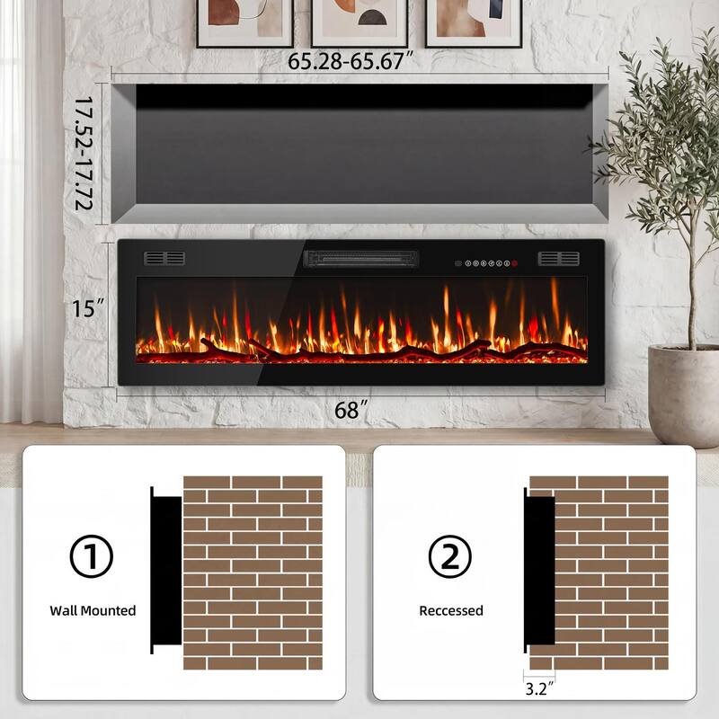 BOSSIN 50" Slim Linear Electric Fireplace with 8H Timer and Overheating Safe Design, 750w/1500w Electric Fireplaces Space Heater